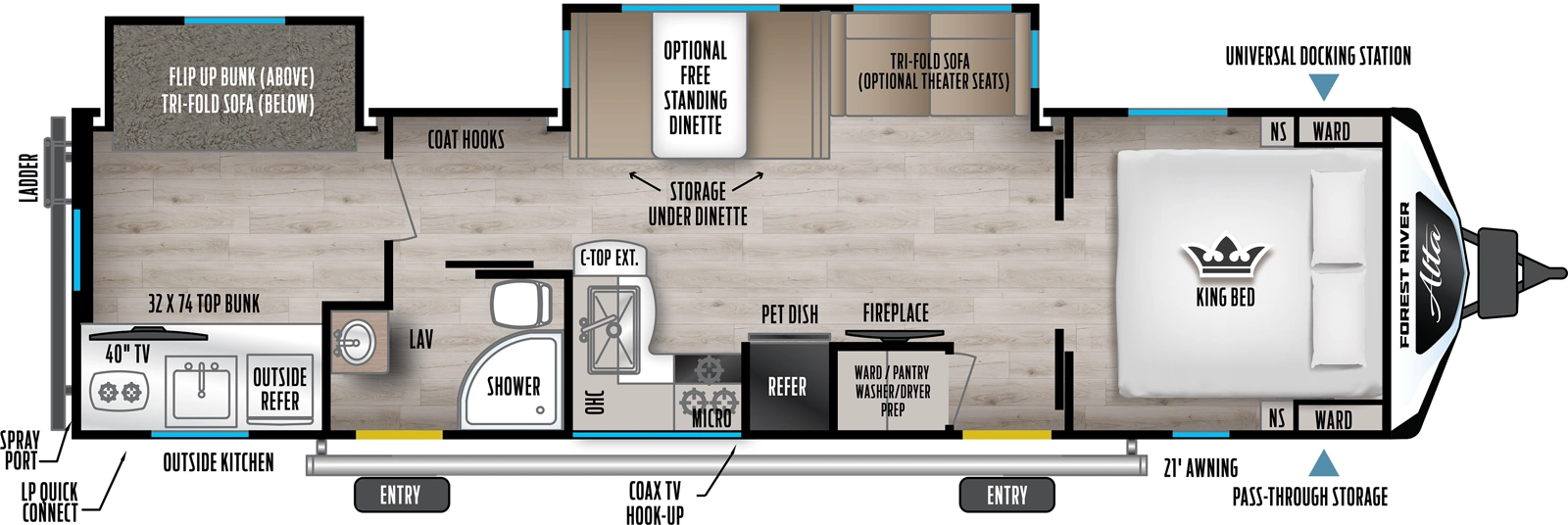 The Alta 3150KBH floorplan has two entries and two slide outs. Exterior features include: fiberglass exterior, 21' awning and outside kitchen. Interiors features include: bunk beds and front bedroom.